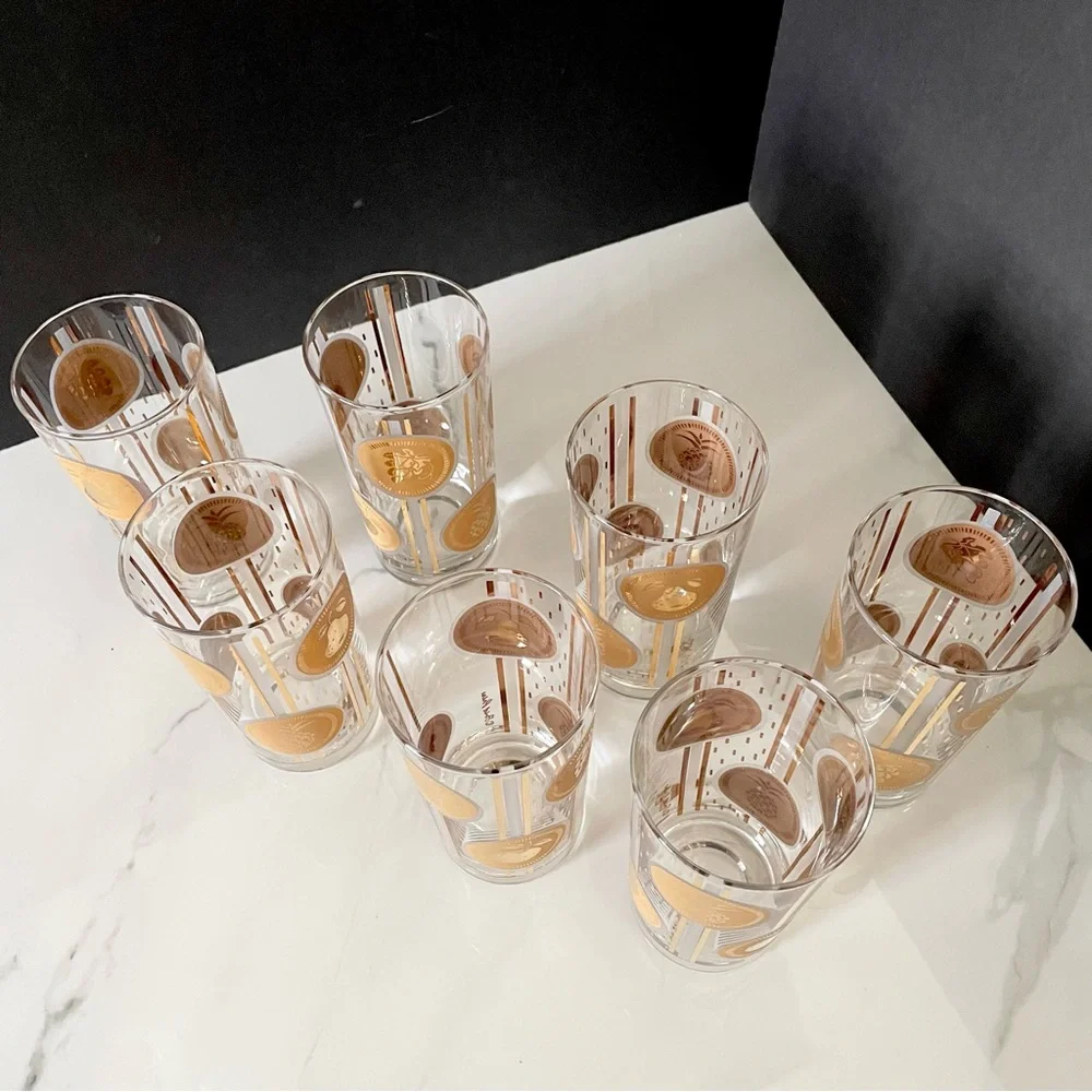 SET of 7 Gold Coin Fruit Highball Glasses by Fred Press